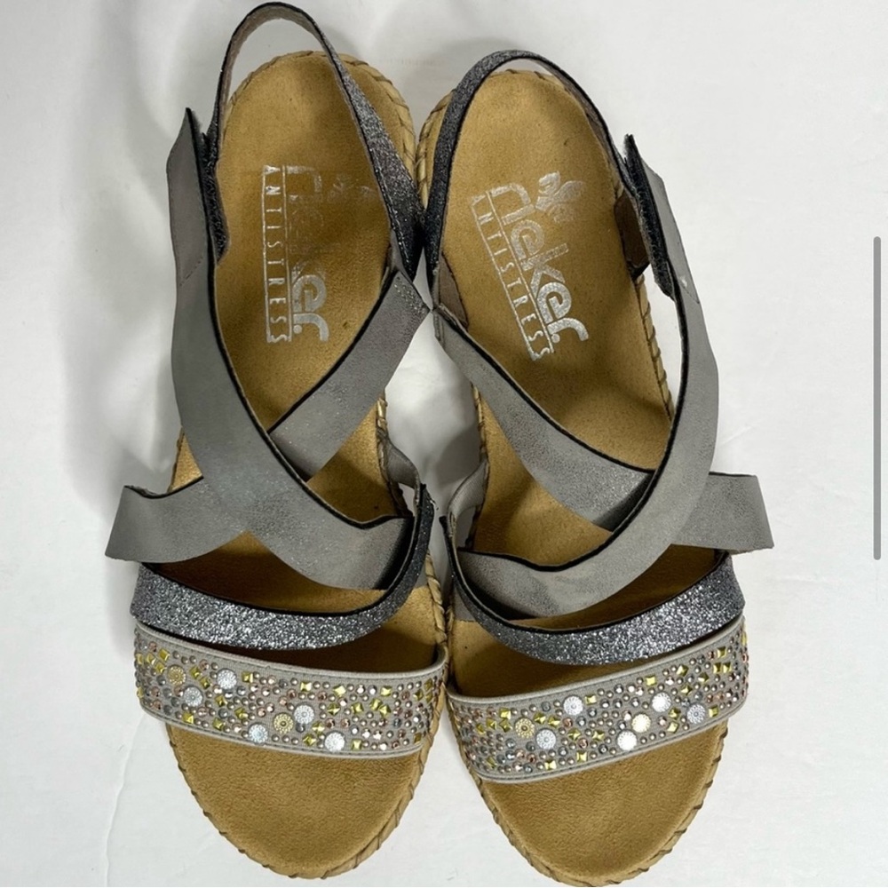 VGUC Reiker Sparkly wedge leather grey sandals with velcro strap EUR 37 / US 6